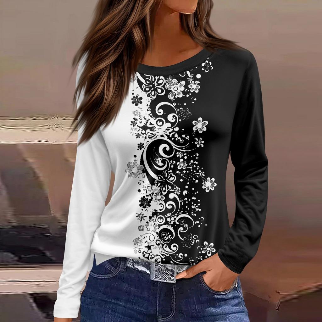 Dames casual T-shirt met split aan de zoom, ronde hals, lange mouwen en losse print.