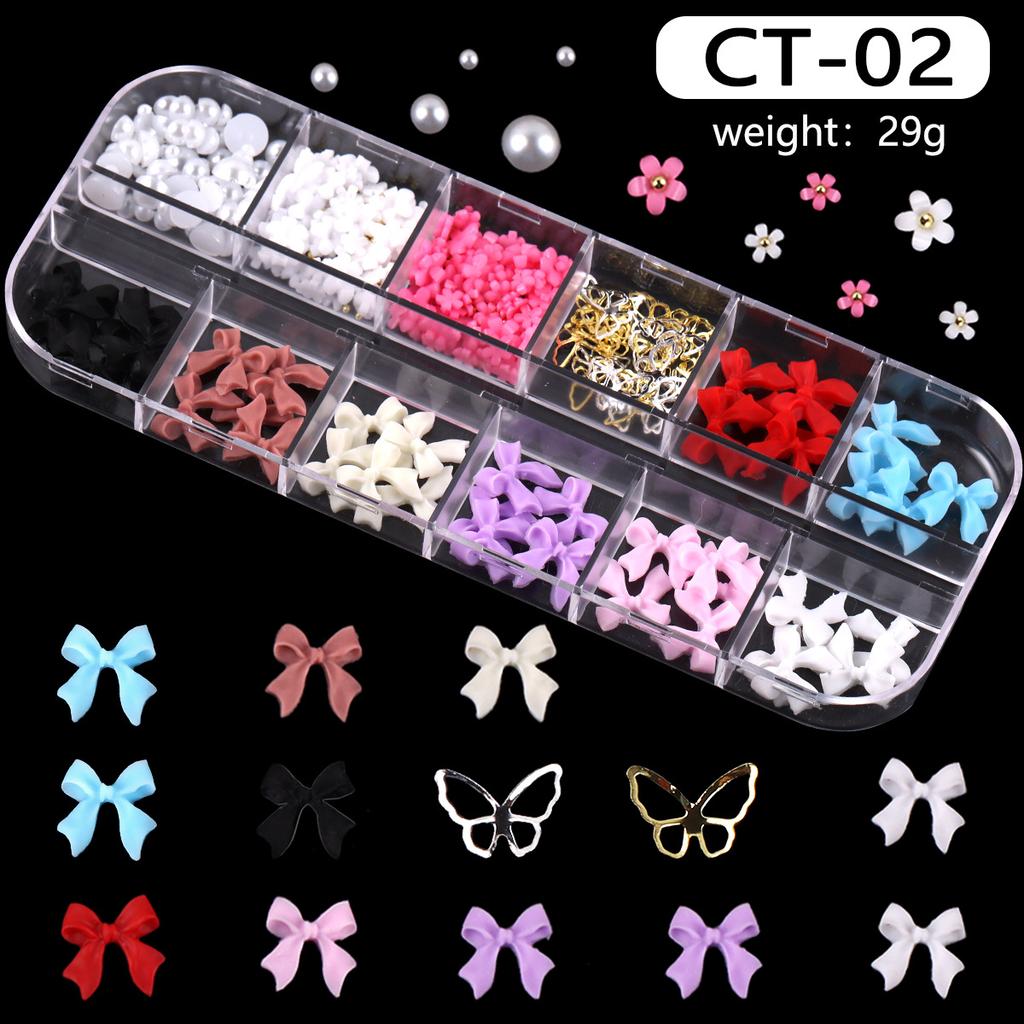 12-Grid Box Nail Art Resin Bow Streamer Ballet Alloy Butterfly Jewelry Diy Accessories