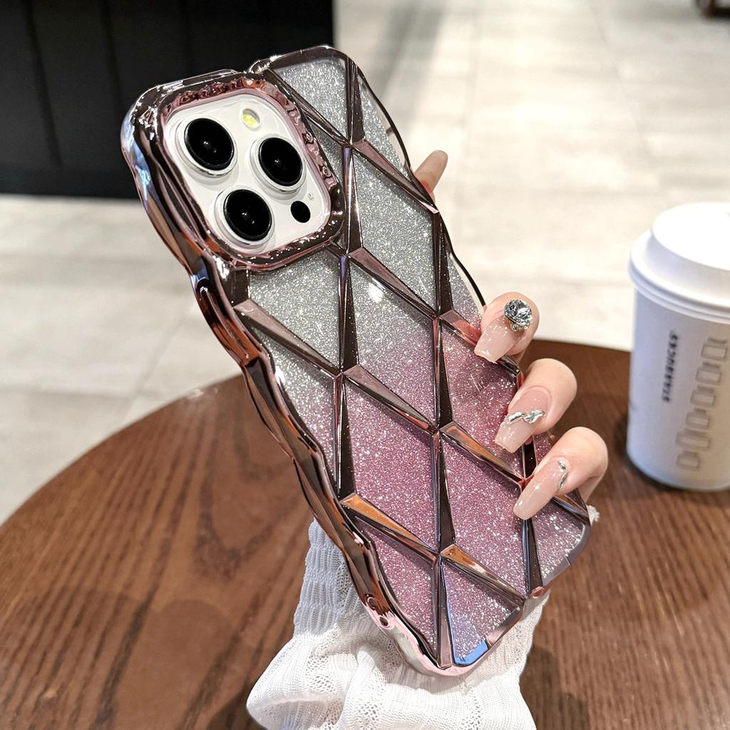 Luxury 3D Plating Diamond Grid Pattern Glitter Powder Phone Case for iPhone 11 12 13 14 15 Pro Max 12 Pro 13 Pro 14 Pro Max Anti-drop Soft TPU Cover