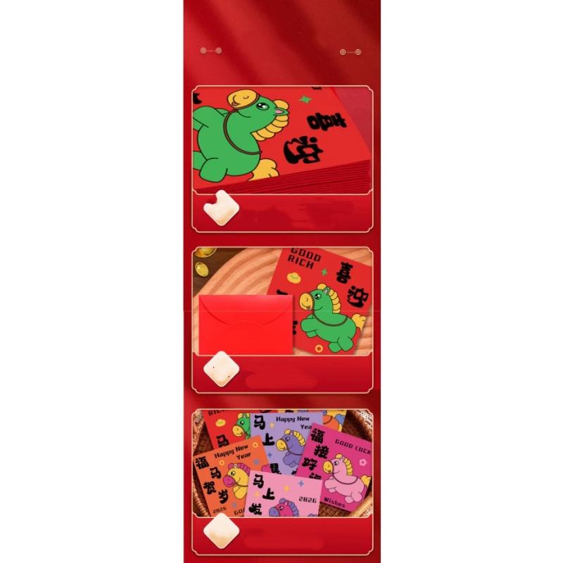 6Pcs Chinese Tradition 2026 Horse Year Money Envelope Best Wishes Lucky Money Spring Festival Envelope Cartoon Lucky Red Pockets