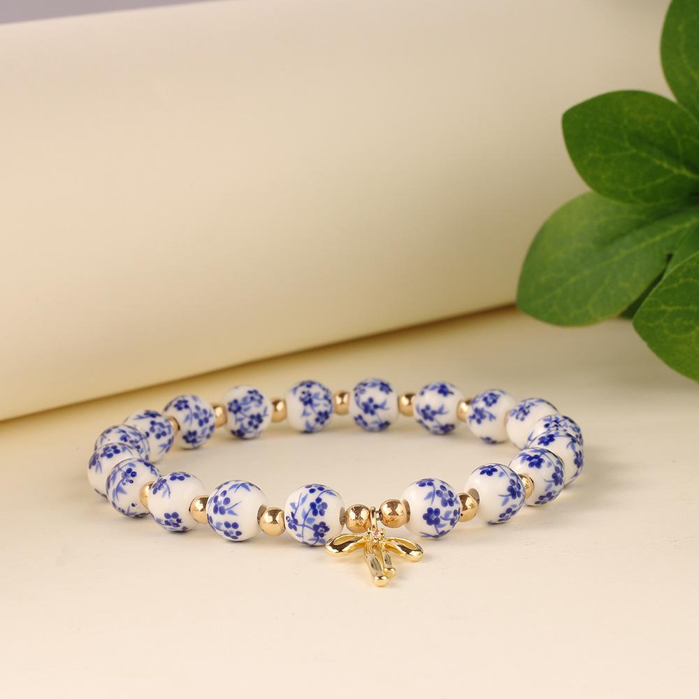 Vintage Style Ceramic Bead Bracelets, Cross/Medal/Bow/Butterfly Charm Elastic Jewelry