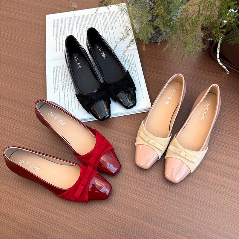 Fashion New Fashion Stitching Woolen Women's Basic Black Soft Leather Ballet Shoes Flats Shoes Round Toe Shallow Bow Ballet Single Shoes