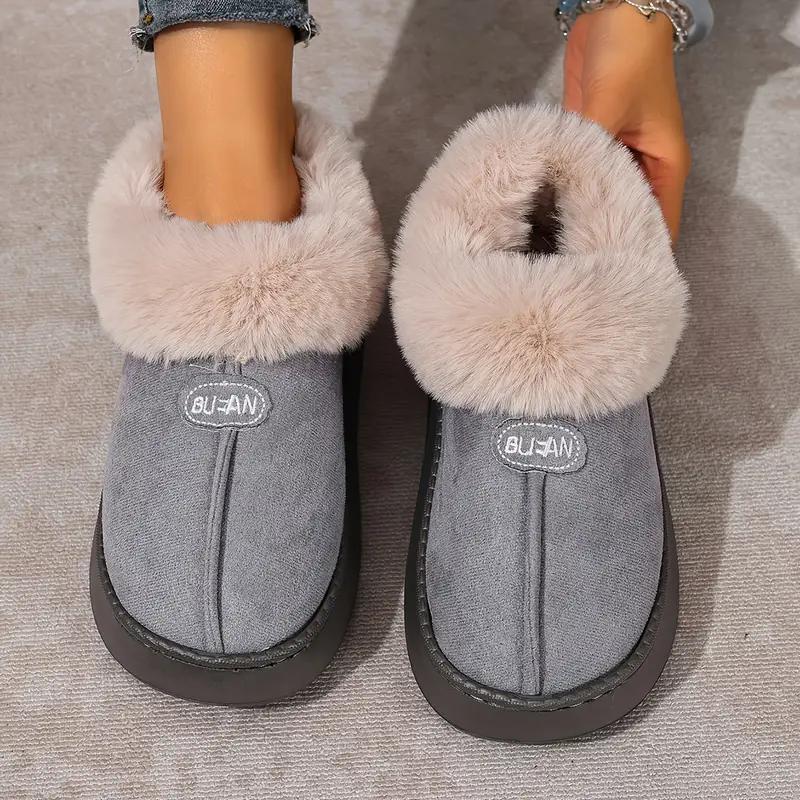 Women's Platform Boots Winter Fur Chunky Shoes Ankle Warm Plush House Fluffy Footwear Plush Lined Slip On EVA Sole Slippers New