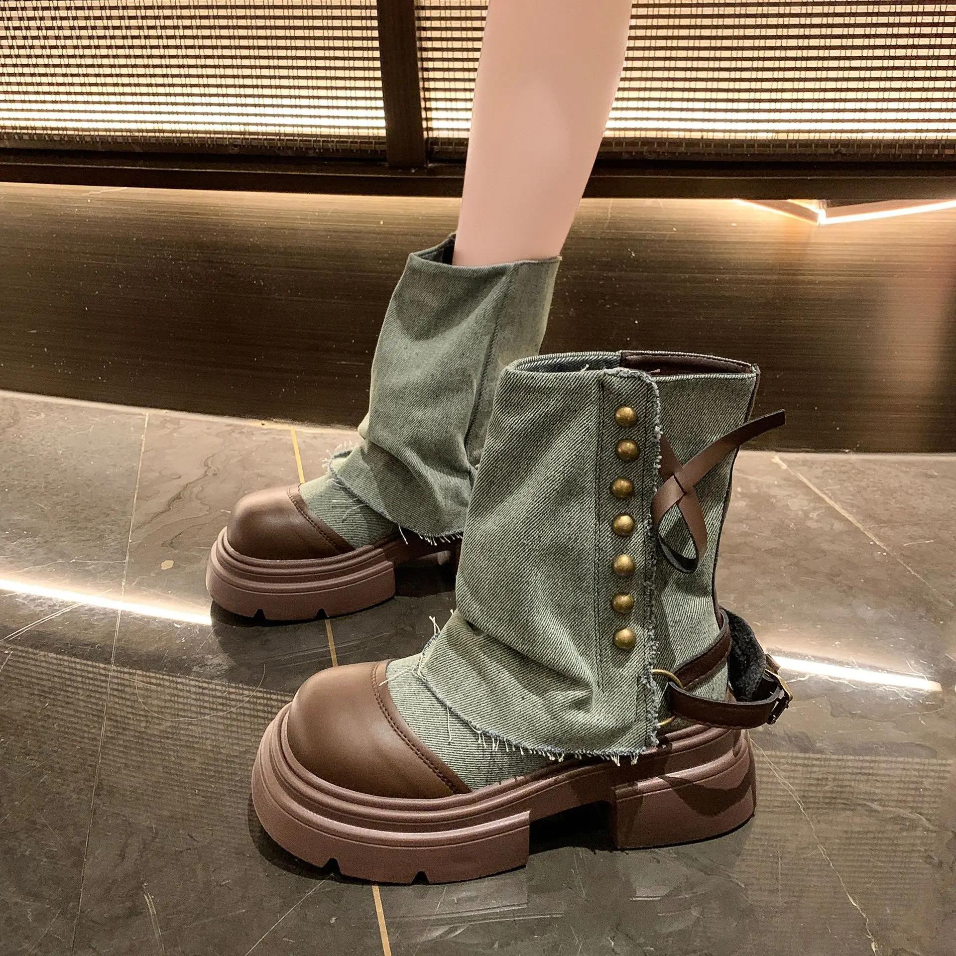 

Женские ботинки Новые ботинки до середины икры для женщин Модные ботинки на платформе Дышащие парусиновые ковбойские ботинки для женщин Мотоциклетные боты 36 светло-зеленый