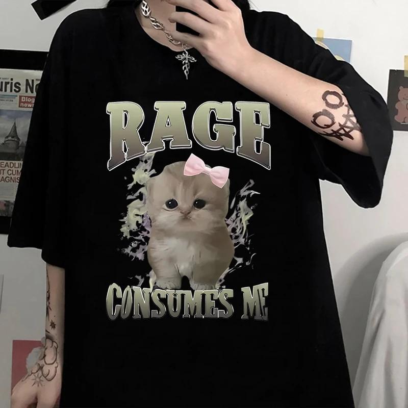 Women Clothing Rage Consumes Cat Meme Print T-shirt Summer Fashion Kawaii Casual Loose T-shirts O-Neck Short Sleeve Tees Unisex XL