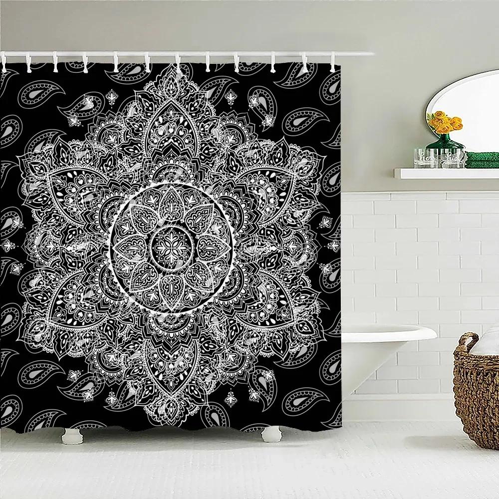 Bohemian 3D Shower Curtain, Indian Mandala Flower Green Blue Chic Color Modern Pattern Bathroom Fabric Home Decor Shower Curtain