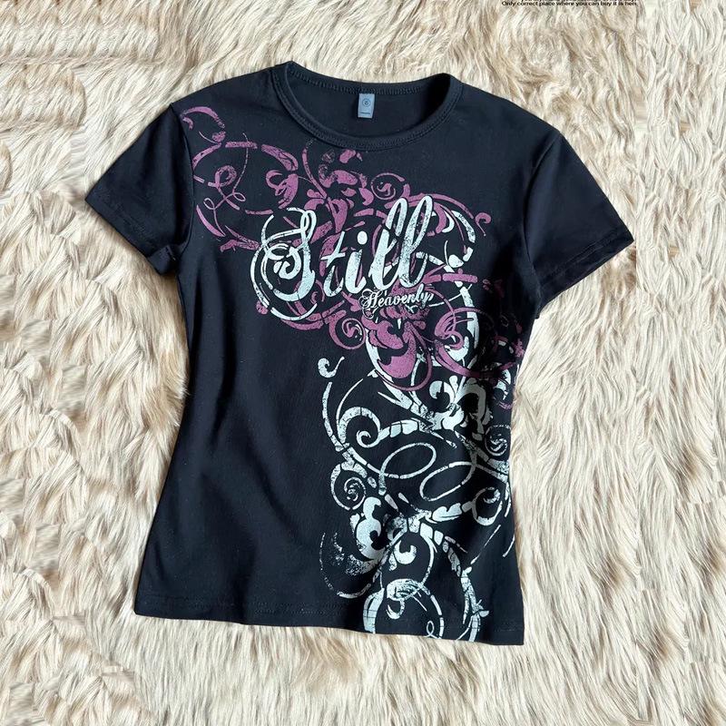 2026 Women's Gothic Letter Print Short-Sleeve Top, Dark Punk Style for Summer