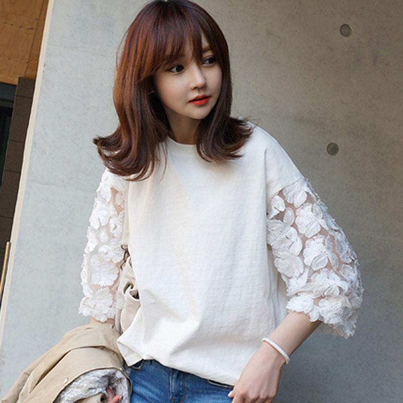 Cotton Summer Lace Short Sleeve Tshirt For Women With Round Neck And Casual Style