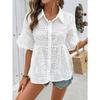 Womens Eyelet Embroidery Peplum Shirt With Point Collar And Ruffle Short Sleeve Casual Blouse