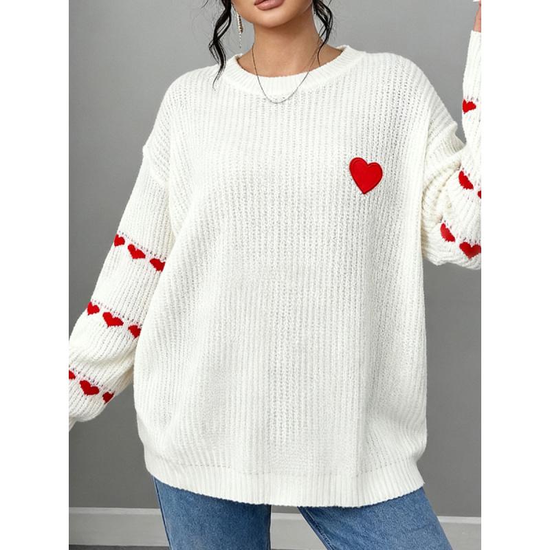 Kontrastfarbe Liebe Jacquard-Strickerei Stickerei Übergröße Damen Lässiger Pullover Lose Oberteil