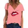 Fashion Spring  Red Lips Print Blouses Short Sleeved V-Neck T Shirts Casual
