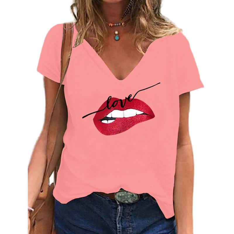 Fashion Spring Red Lips Print Blouses Short Sleeved V-Neck T Shirts Casual
