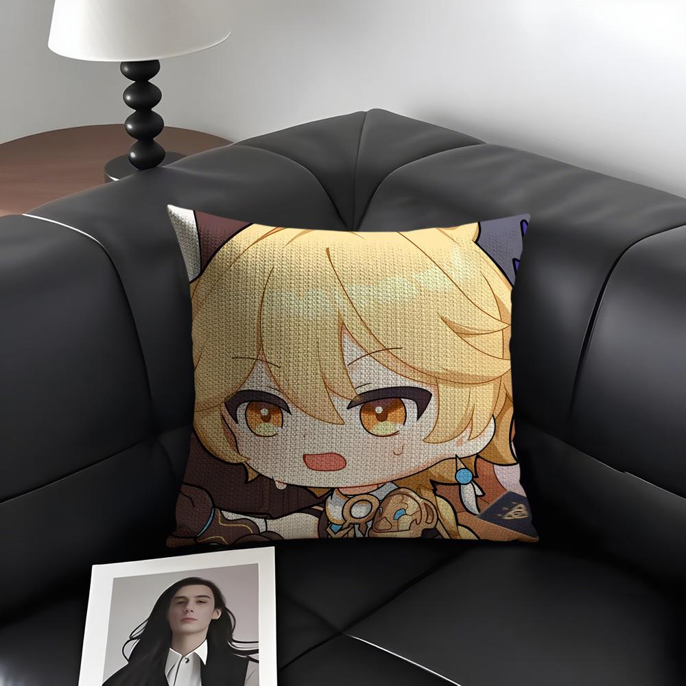Aether Cute Cute Genshin Impact Cushion Cover Natural Linen Organic Fabric Double-Sided Printing Sofa Home Decor Pillow Case