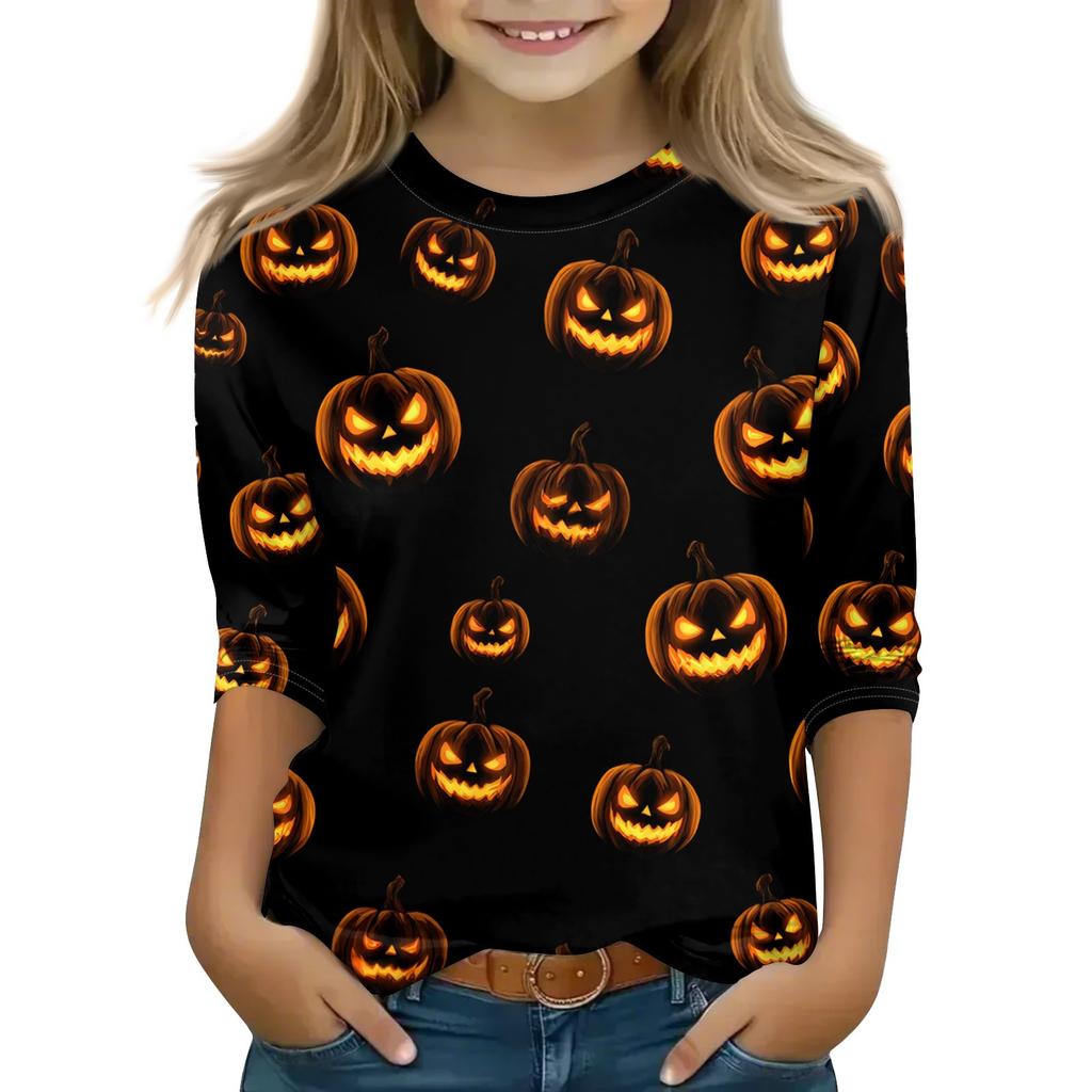 Print Tops For Youth Girls 5-16 Years Round Neck 3/4 Sleeves T-Shirts Trendy Tops Outfit Tees