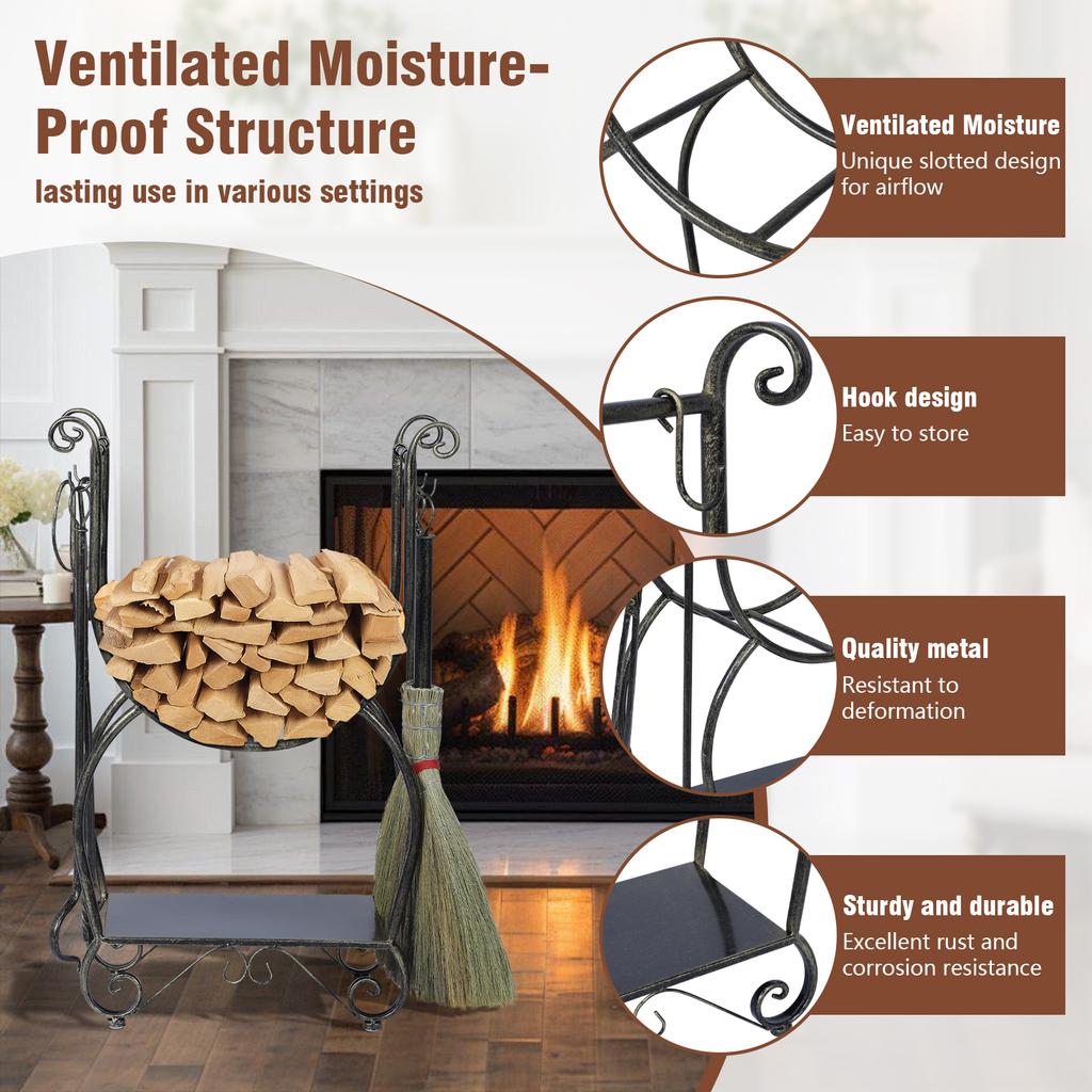 Mobile Firewood Rack Organizer Sets with 4 Fireplace Tools Black Copper Log Holder Adjustable Stacker Stand No Need To Install