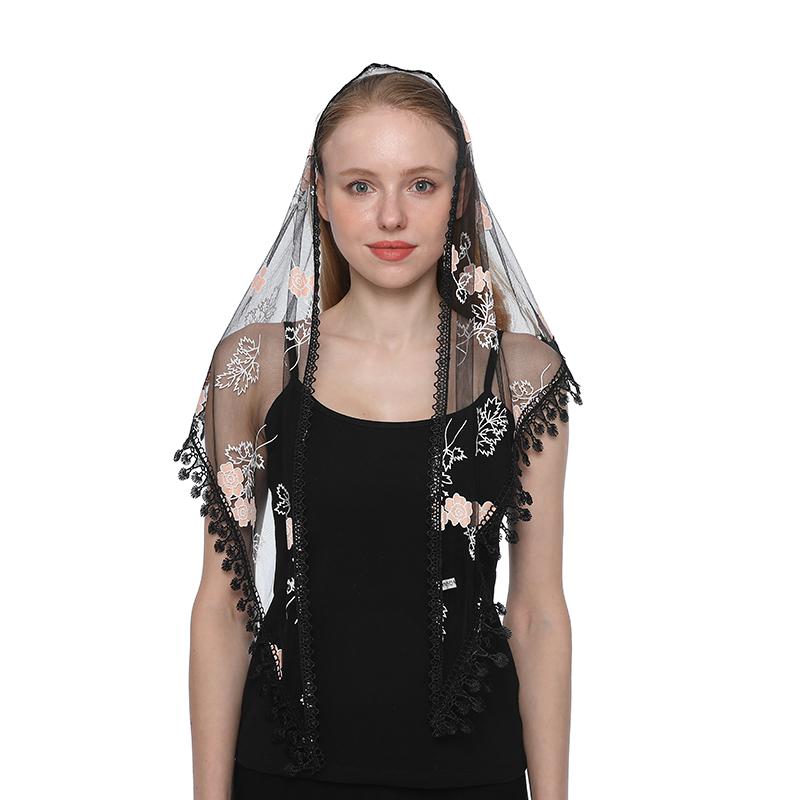 Embroidered Scarf for Church Shawl with Spanish Fringes Christian Veil Spanish Mantilla Lace Shawl Floral Women Handkerchief
