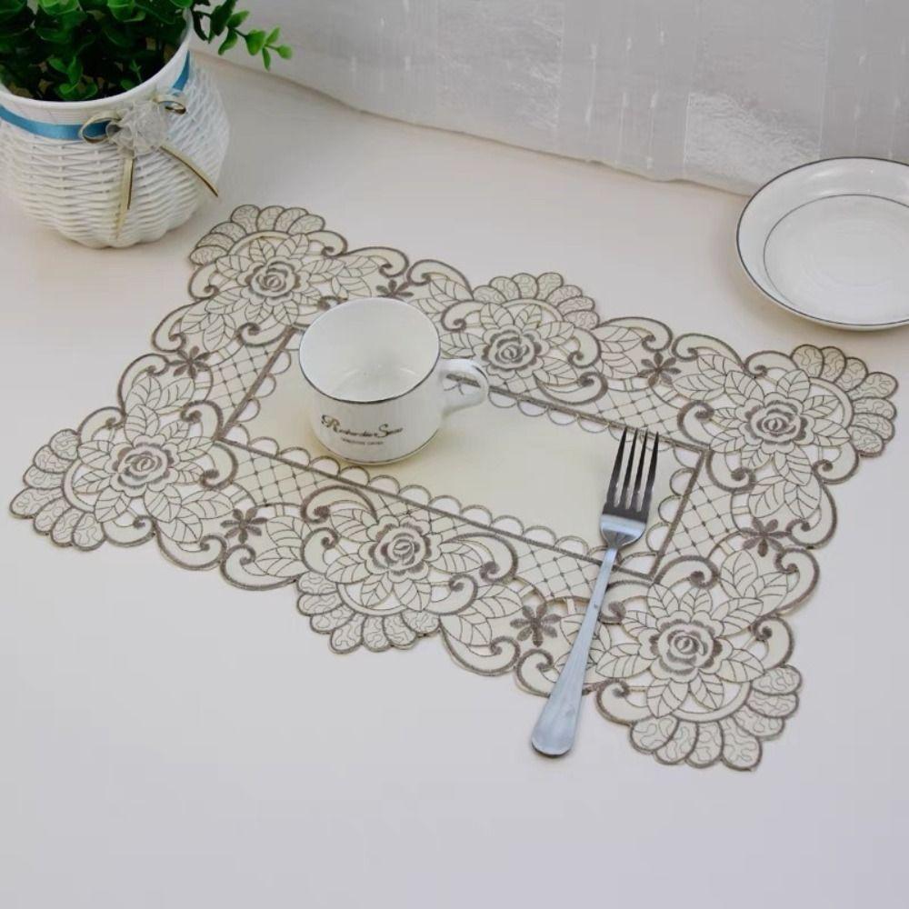 Large Embroidered Lace Fabric Placemat Non-Slip Bowl Pads Waterproof Dining Table Place Mat  Hotel