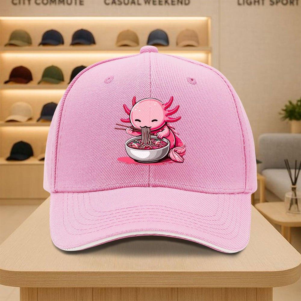 Cute Axolotl Eating Ramen Noodle Baseball Cap Funny Pink Amphibian Graphic Adjustable Polyester Hat Casual Outdoor