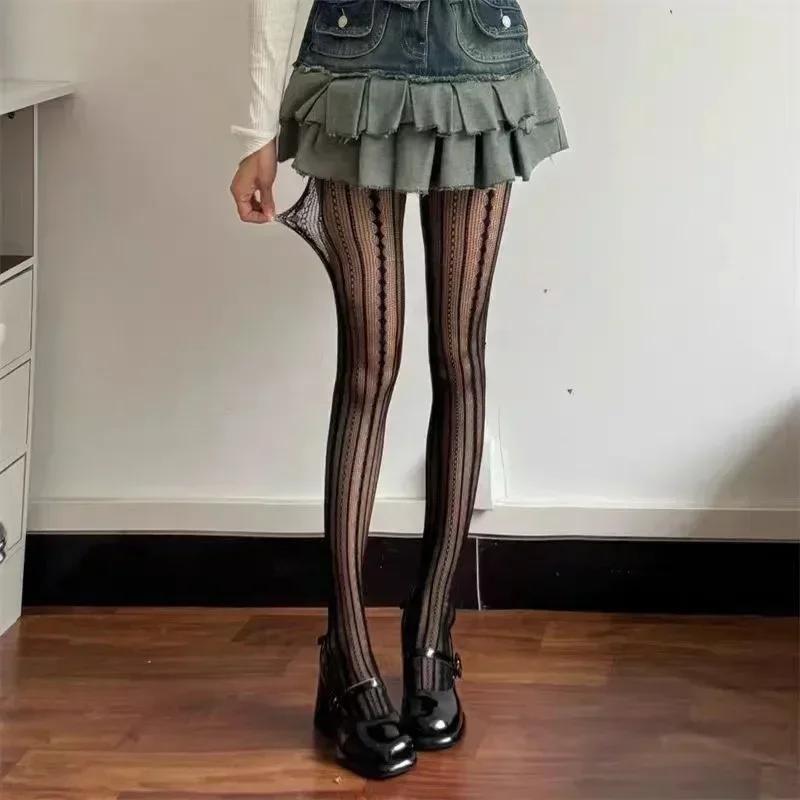 Womens Sexy Lace Fishnet Stockings Lolita Hollow Out Solid Pantyhose Jk Japanese Style High Waist Vintage Rhombus Striped Tights