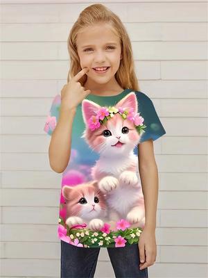 Nova menina jardim gatos 3D impressão manga curta camiseta moda novidade camisetas para crianças festa diversão diária camiseta meninas tops roupas