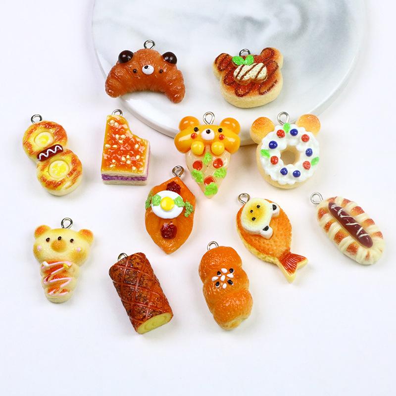 

12Pcs Cute Resin Little Bear Bread Donut Charms Simulation Food Crafts Pendants for Earrings Necklace Keychains DIY Jewelry Make