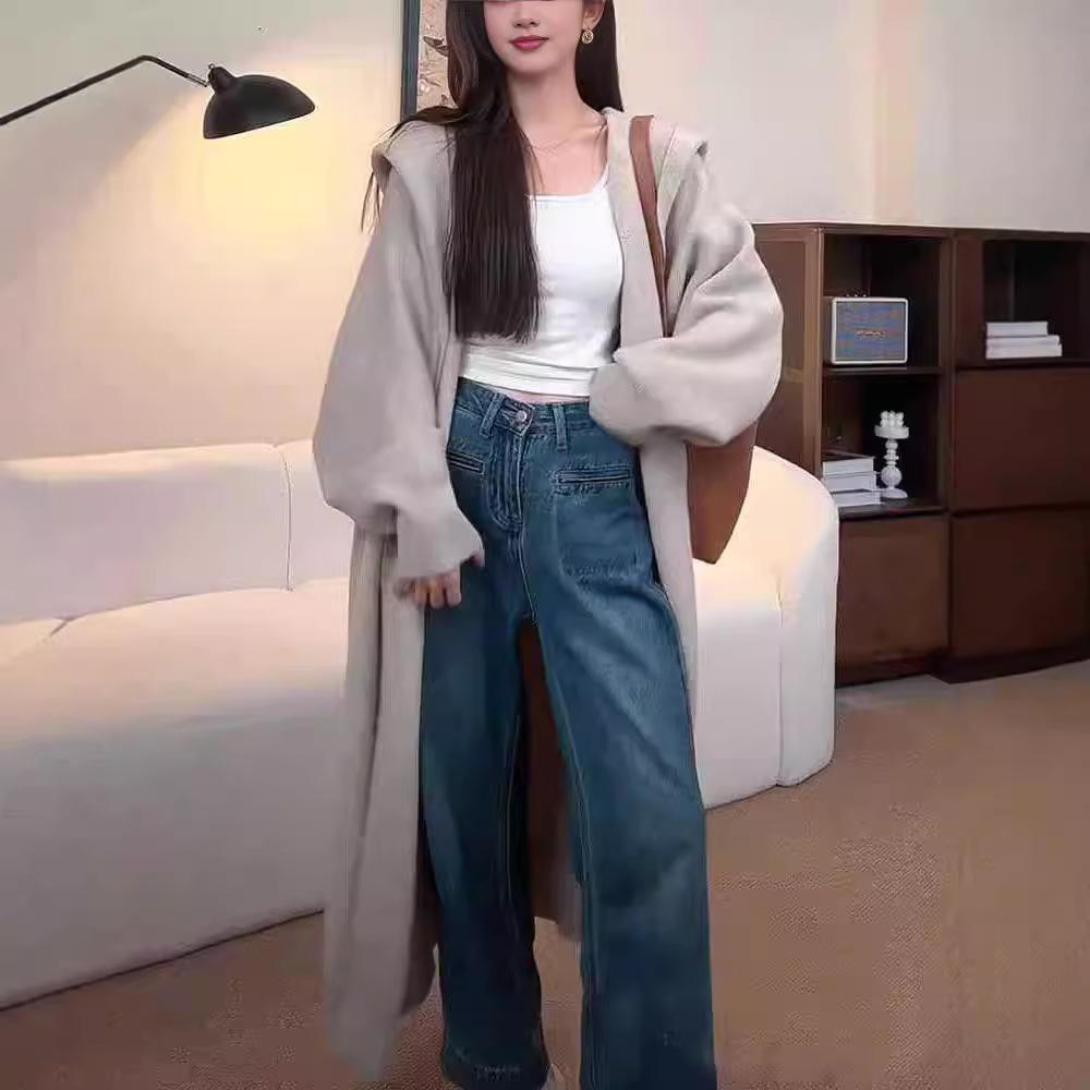 Live stream explosion Lazy wind hooded knitted cardigan women's medium and long autumn and winter new Korean sweater jacket coat
