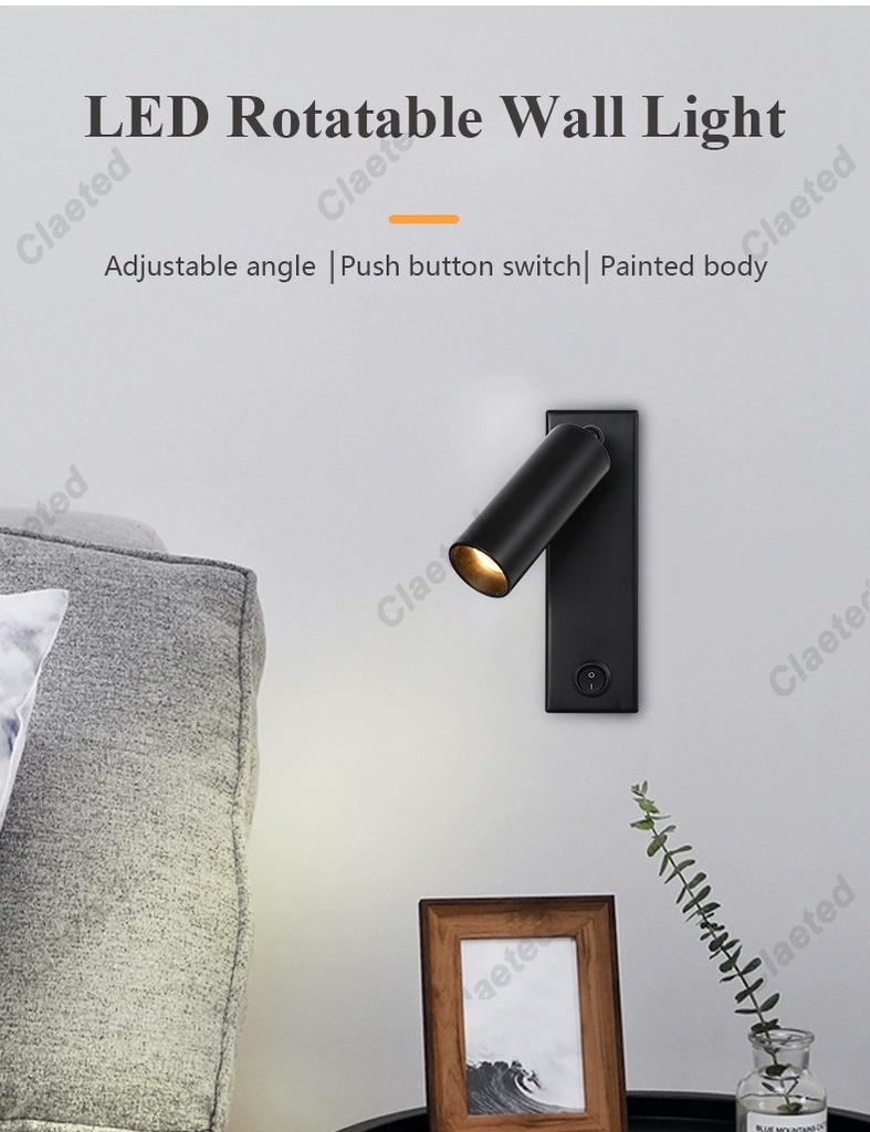 New Led Wall Lamp Sconce with Switch Black Brass Creative USB Port Reading Wall Lamp with 3W Spotlight for Bedroom Bedside
