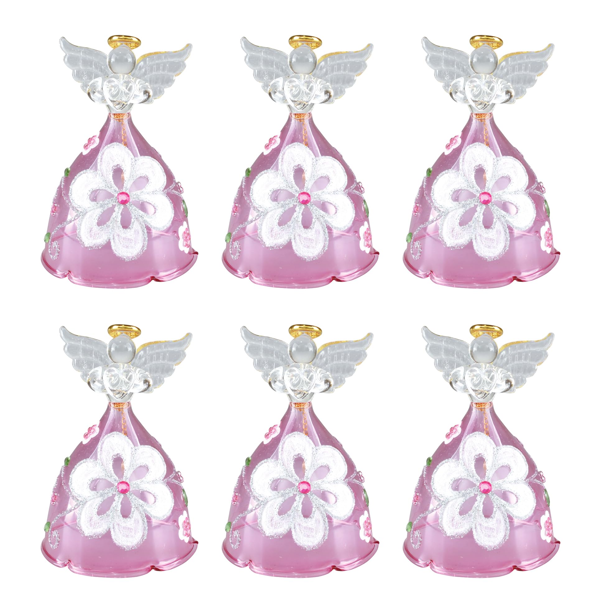 

Fourcart Cute Handmade Glass Floral Angel Bells (Set of 6), Pink