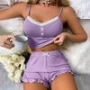 Dame Sexet 2-delt Pyjamasæt Ribbet Blonderkant Knap Cami Top Flæsekant Shorts Nattøjssæt Sommer Afslappet Loungewear