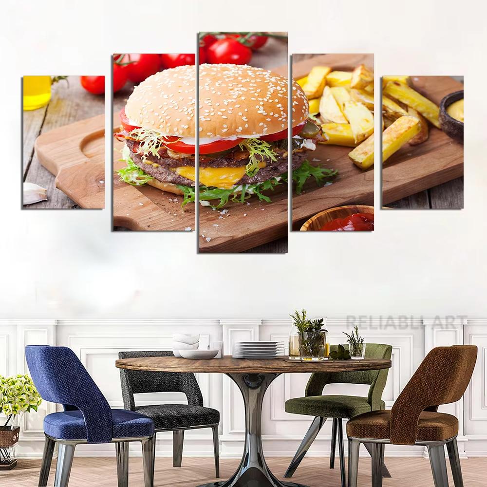 5 Panel Cheesy Beef Burgers HD Pictures Canvas Painting Delicious Fast Food Hamburger Posters for Dinning Room Wall Decor Quadro