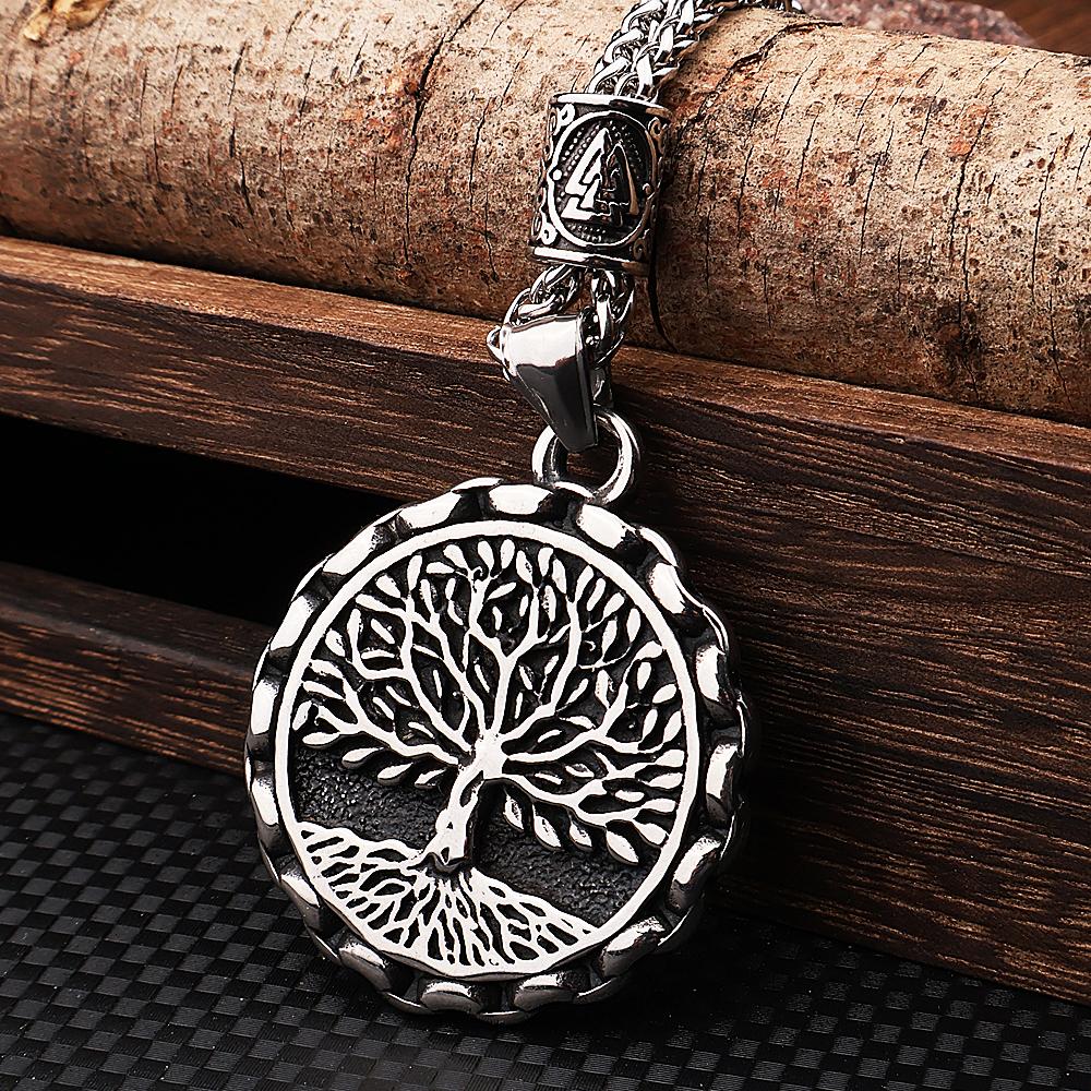 Norse Mythology Yggdrasil Viking Tree of Life Necklace Men Stainless Steel Viking Rune Pendant Necklace Jewelry