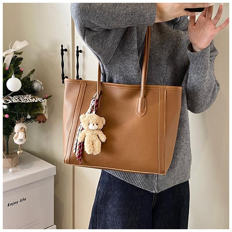 Large Capacity Fashion Tote Bag Women Detachable Charm Faux Leather Shoulder Bucket Purse Commuter Handbag
