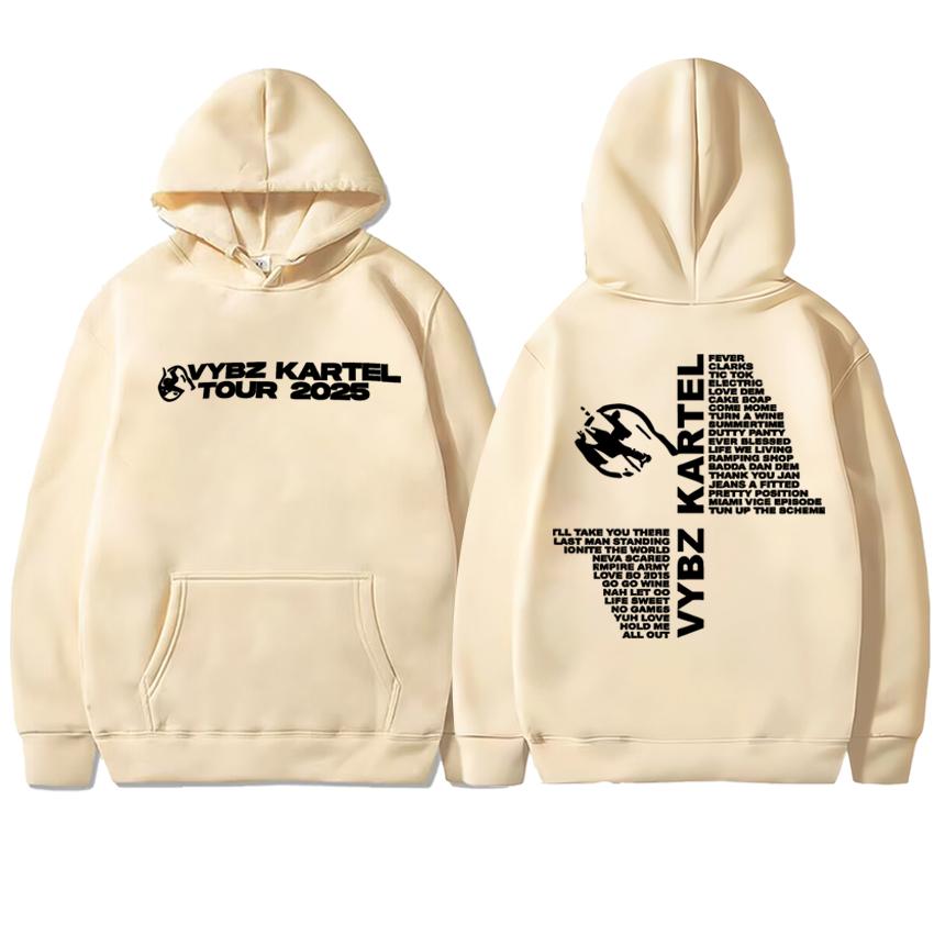 Hot Rapper Vybz Kartel World Tour 2025 Double Sided Print Streetwear Hoodie Unisex Hip Hop Punk Pullovers Men Women Fleece Tops
