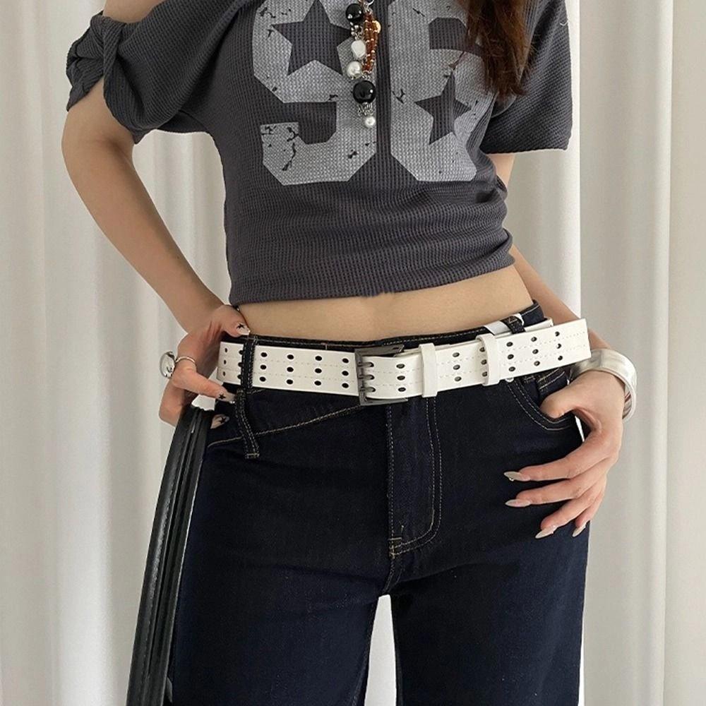 Versatile Leather Waistband Vintage Women's Dress Jeans Belt Niche Three-Row Wide Belt  Spicy Girls
