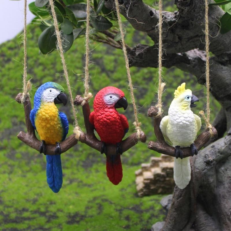 Set of 3 Resin Swing Parrot Garden Pendants for Hanging Decoration for Outdoor Patios Porches and Miniature Landscapes