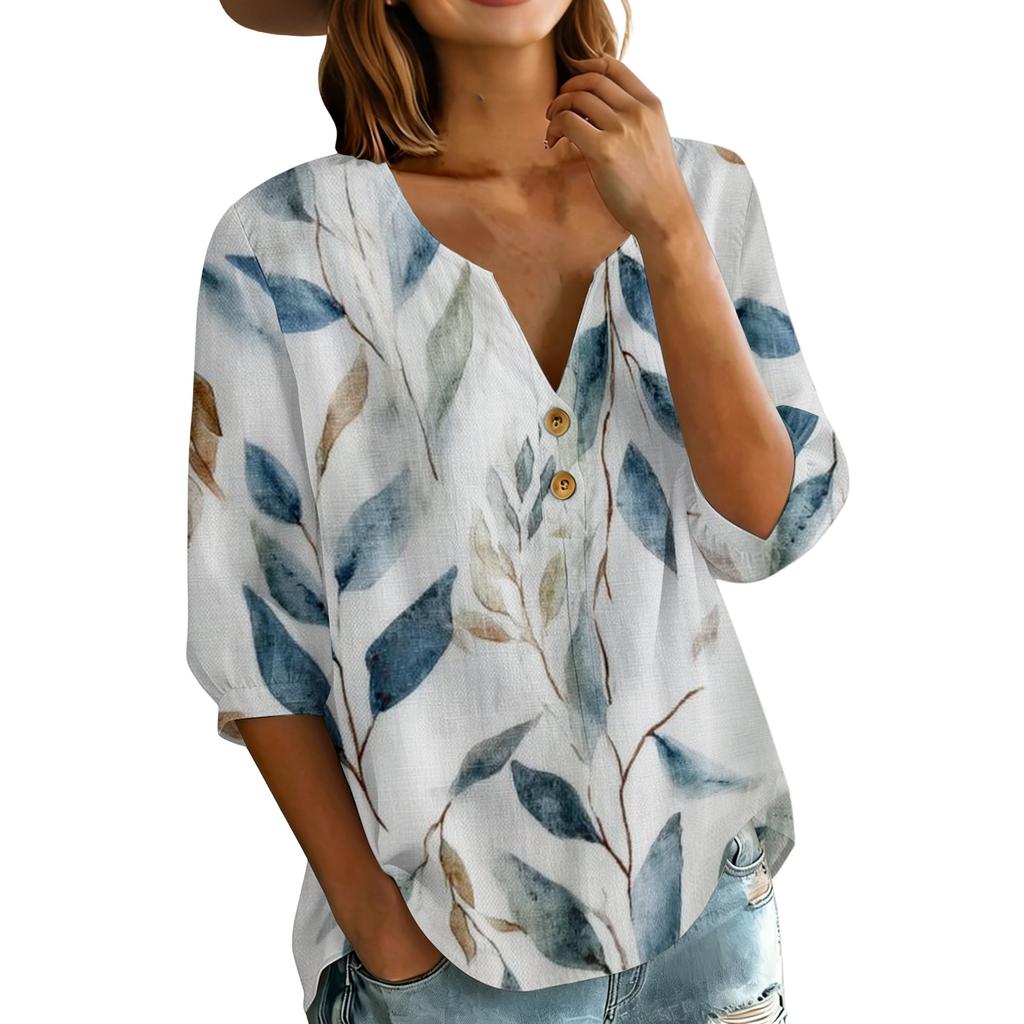 Women Henley Neck Button Front Cotton Linen Shirt with Leaf Print Three Quarter Sleeves Relaxed Fit Blouse Top