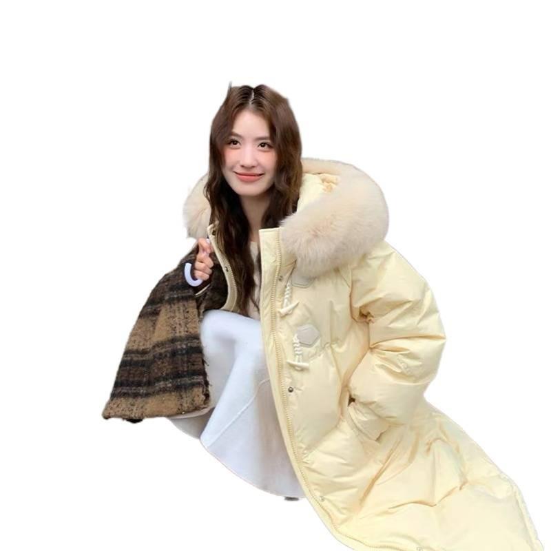 Fur collar down cotton clothes women's medium and long new knee horn buckle design sense fashion thickened winter coat