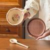 Home Ceramic Curved Handle Mug with Spoon and Wooden Coaster Breakfast Oatmeal Hot Milk Cup Coffee Cups and Saucers