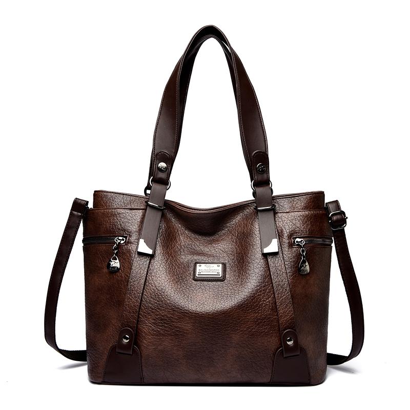 Women Vintage Faux Leather Tote Shoulder Bag, Large Capacity Commute Handbag with Detachable Crossbody Strap, Multi Zipper Pockets Retro Daily Travel