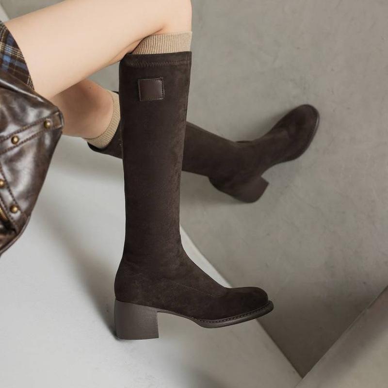 Korean version of large size elastic suede tall boots comfortable solid color rubber sole medium heel autumn and winter round head square heel