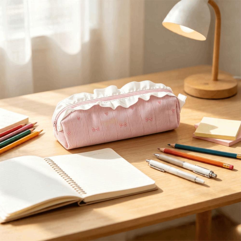 Makeup Bag Large Capacity Pencil Case Bow Lace Pen Bag Kawaii Ballet Style Pencil Pouch Student Use