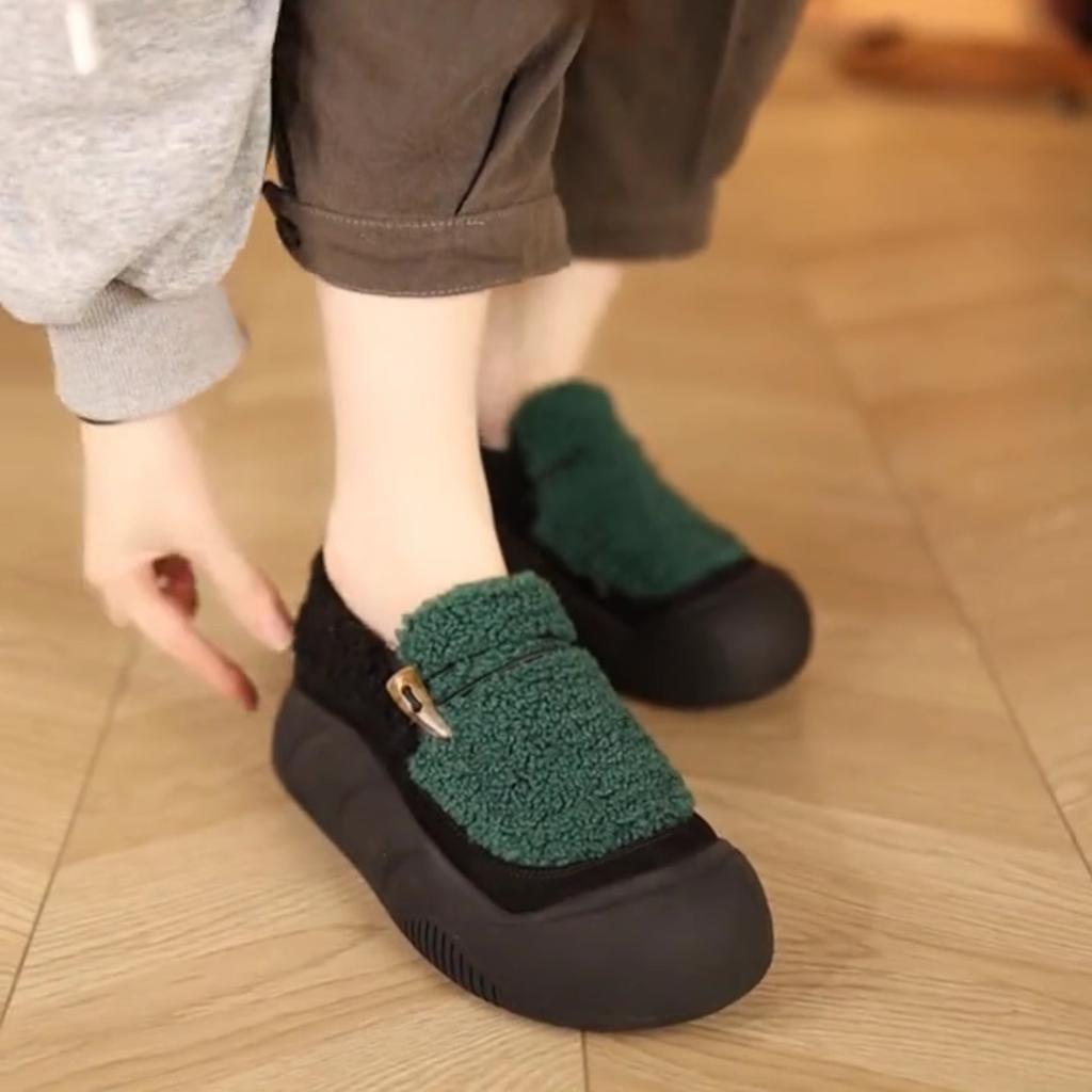 Fleece warm cotton shoes women's 2025 autumn and winter wear new loafers non-slip soft-soled retro fluffy shoes