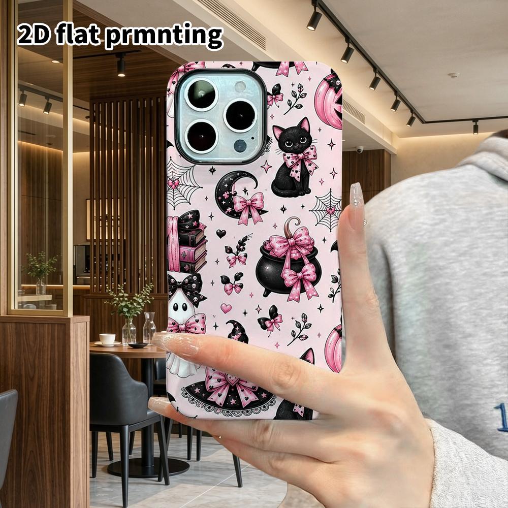 Phone Case: 2D Flat Design Suitable for iPhone 18, 17, 16, 15, 14, 13 Pro Film Protection Case, Couple Style, Pink and Black Halloween, Christmas and 