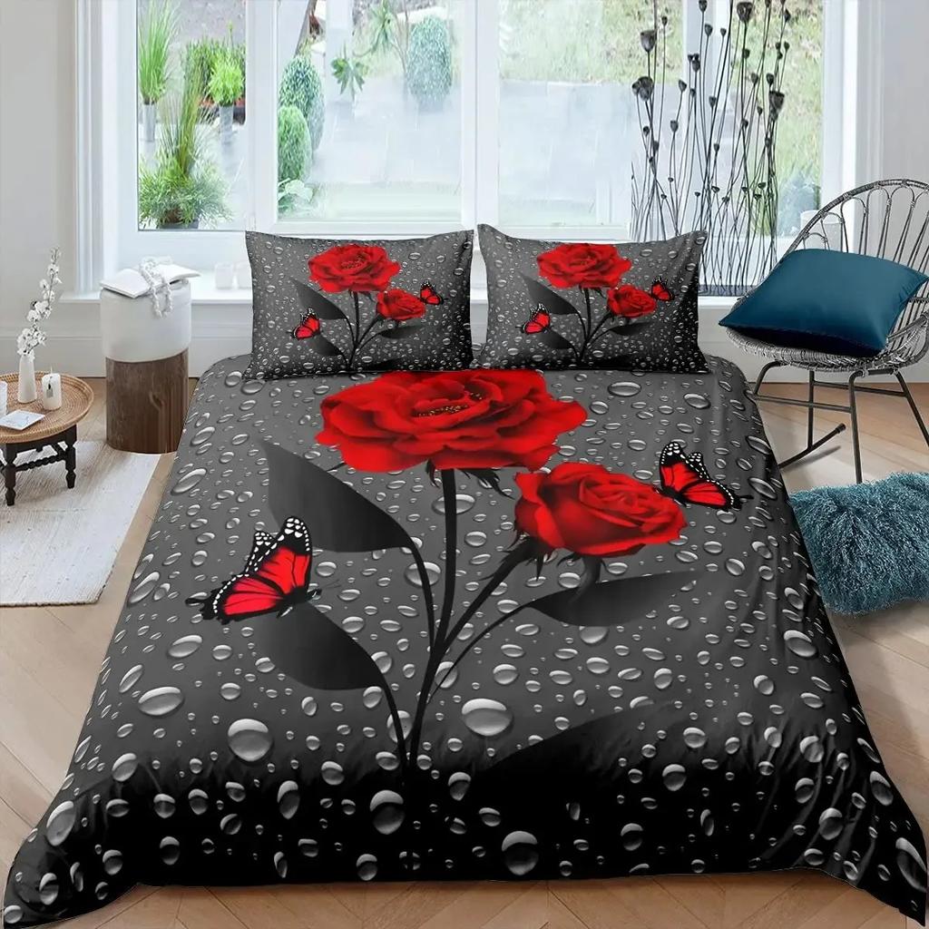 Růžová sada povlečení pro ženy Elegantní fialový květinový potisk Ložní sada Romantické květiny Třpytky King Size povlak na přikrývku Pro páry