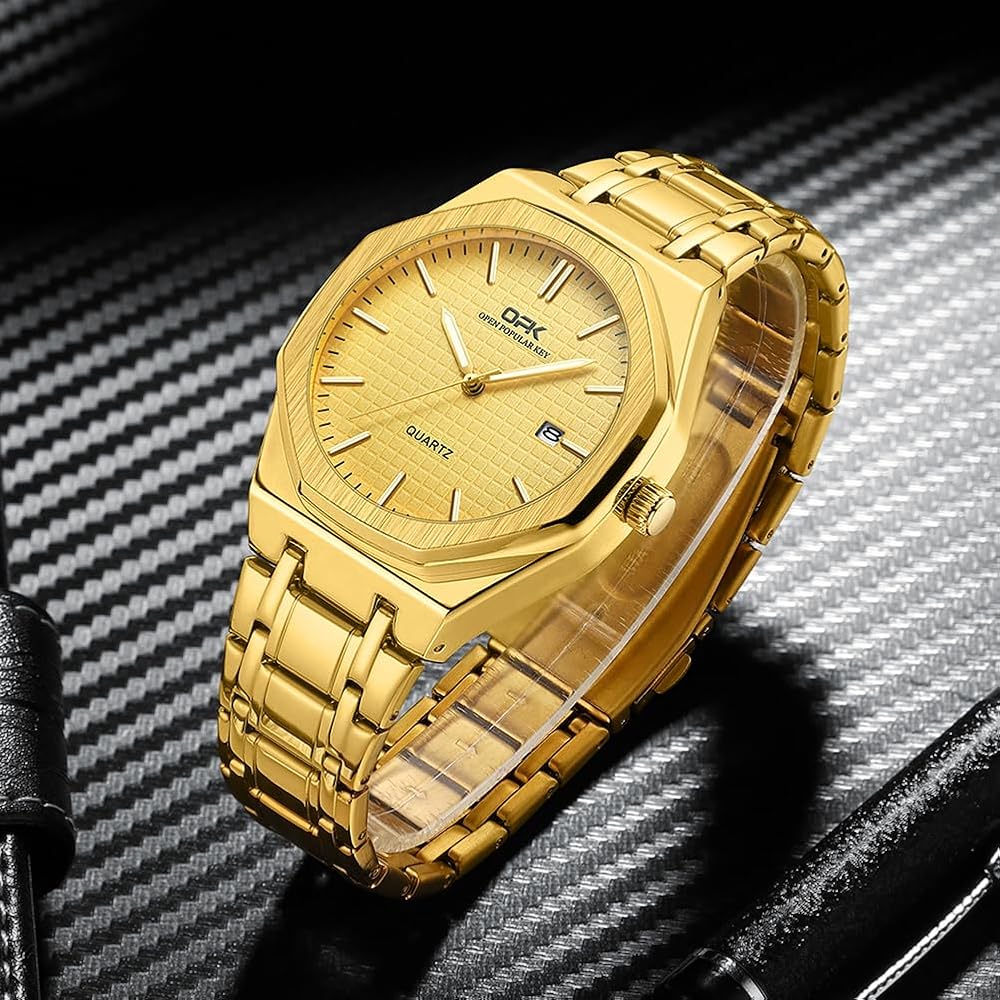 Men's Quartz Business Watch Gold Stainless Steel 40mm Round Octagonal Bezel with Calendar and Luminous Hands