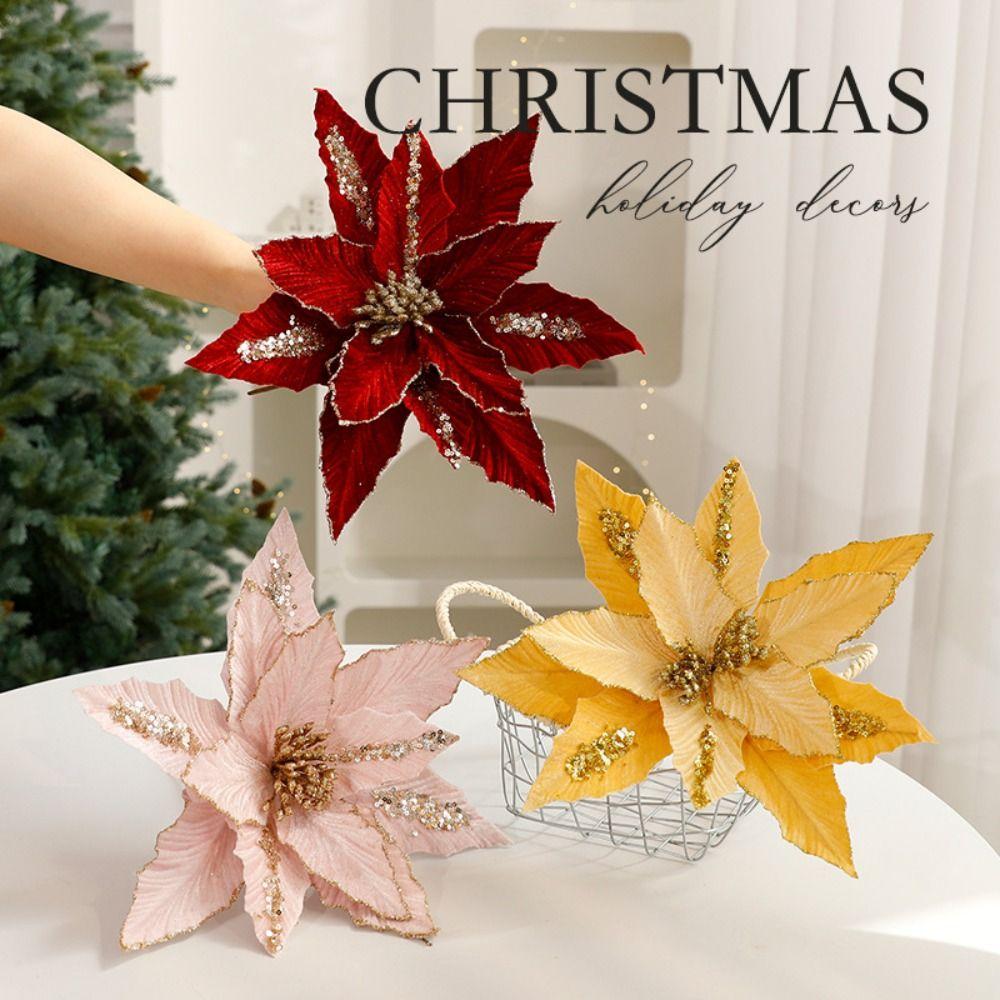 Fabric Plastic Christmas Artificial Flowers DIY Decoration Ornaments Xmas Tree Decorations 26cm Fake Flower New Year