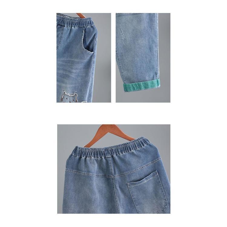 Dámské džíny Jaro/Léto Nová korejská edice Kreslená výšivka Záplata Devítibodové kalhoty Haremky