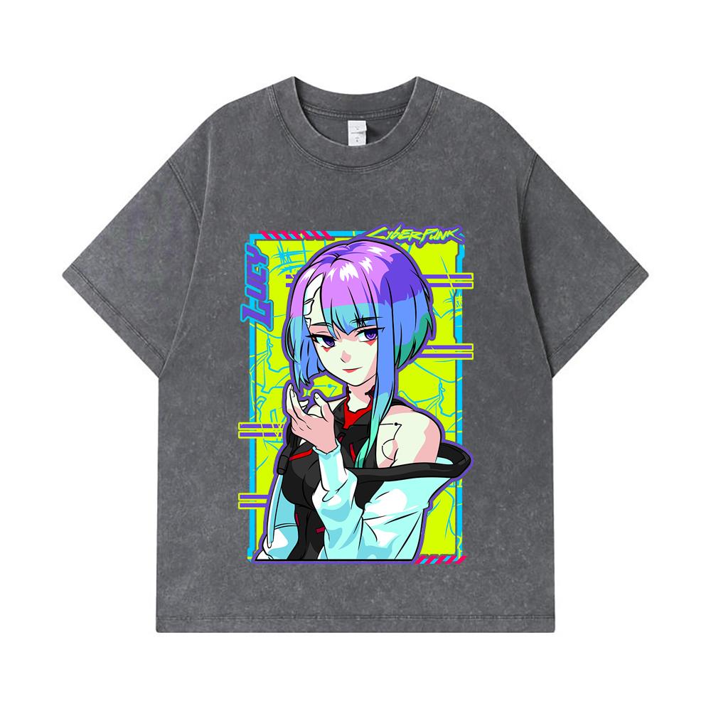 275 GSM Washed T-shirts 100% Cotton Cyberpunk Edgerunners V8 Lucy Print Unisex Heavy Cotton T Shirt