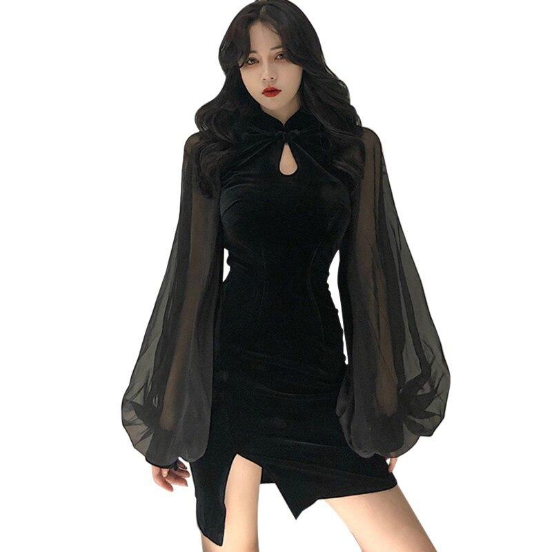 

Женское осеннее корейское платье Cheongsam с разрезом и рукавом-фонариком, сексуальное тонкое платье с длинными рукавами M