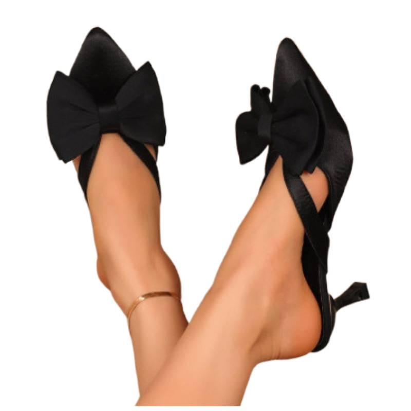 Spring and summer French pointed bow hollow high heel half bag head slippers fairy style pink sandals